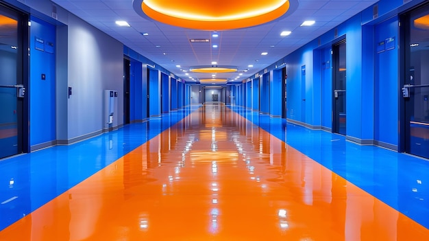 Foto corredor longo com pisos laranja e azul inteligência artificial gerativa