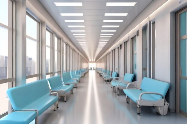 Corredor longo e brilhante do hospital com quartos e assentos azuis renderização 3D