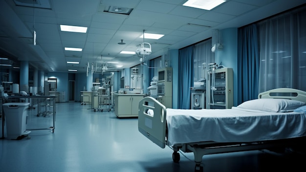 Corredor longo e brilhante do hospital com quartos e assentos azuis renderização em 3D