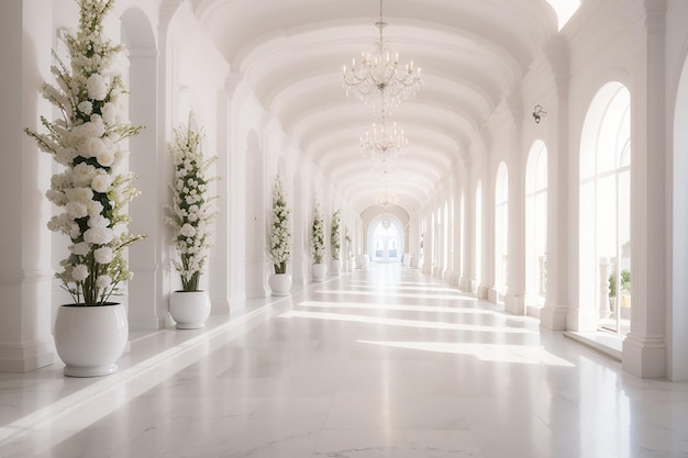 Corredor longo luxuoso com escadaria branca