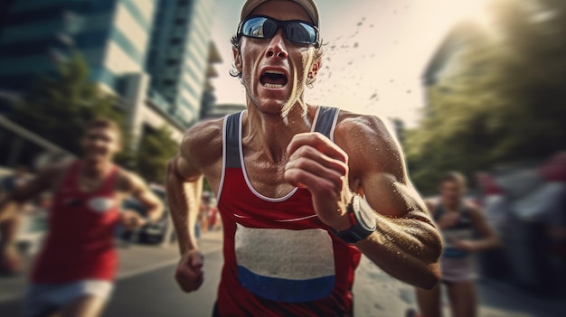 Corredor de maratón usando la última energía mientras se acerca a la meta