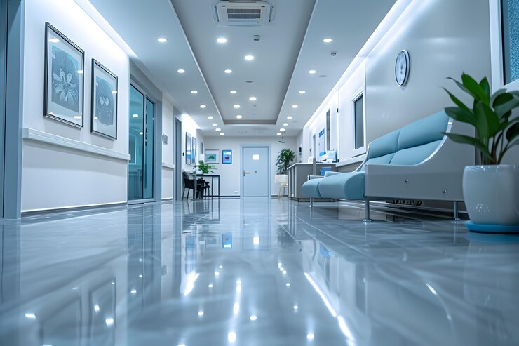 Corredor moderno de un hospital con un diseño elegante y una iluminación brillante