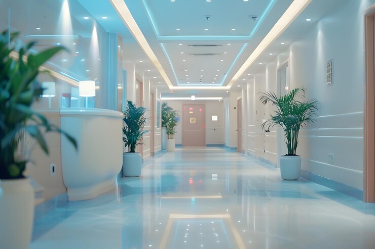 Corredor moderno y sereno del hospital con iluminación elegante y vegetación