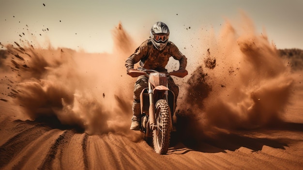 Corredor de motocross acelerando en una pista de polvo motocicleta de motocross en una carrera que representa el concepto de spe