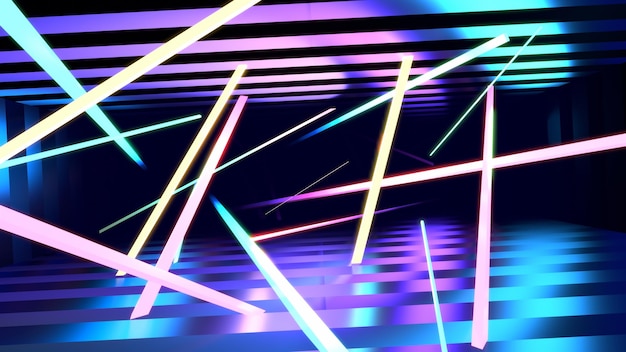 Foto corredor de neón renderizado en 3d con palos de luz