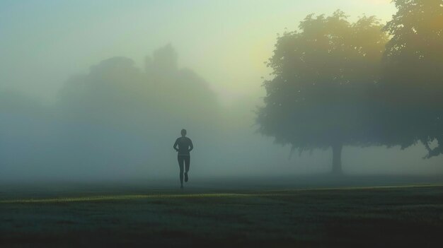 Corredor en la niebla de la mañana Un corredor solitario hace su camino a través del parque nebuloso El sol acaba de comenzar a asomar a través de los árboles