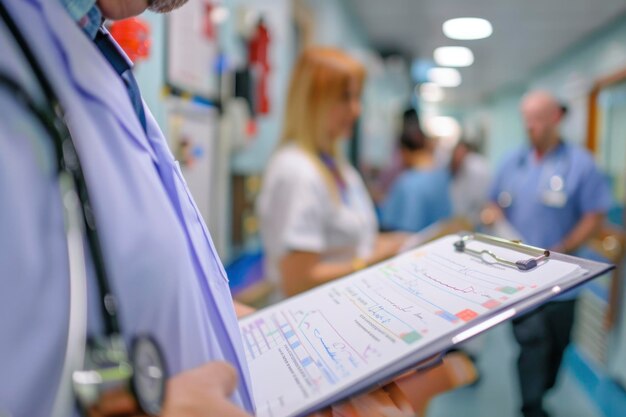 Foto corredor ocupado del hospital con profesionales de la salud y gráficos de pacientes