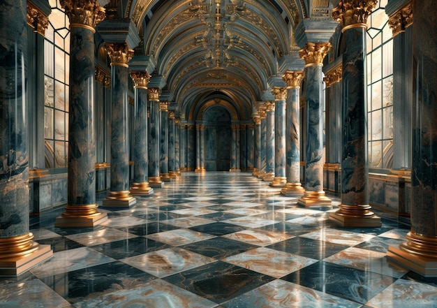 Corredor ornamentado com colunas de mármore e chão em xadrez