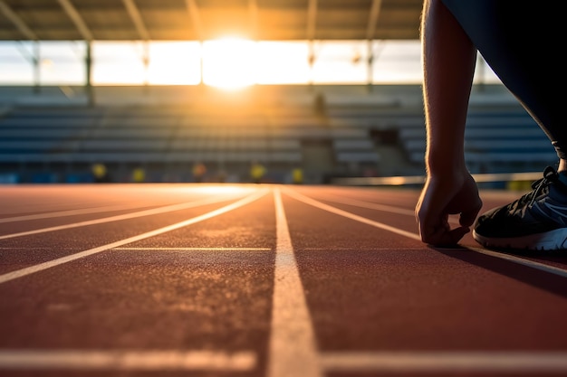 Un corredor en una pista con el sol detrás de él.