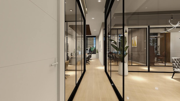Un corredor con puertas de vidrio y una pared de vidrio que dice 'la oficina'