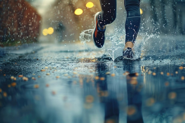 Foto corredor salpicando em uma poça de chuva enquanto corre