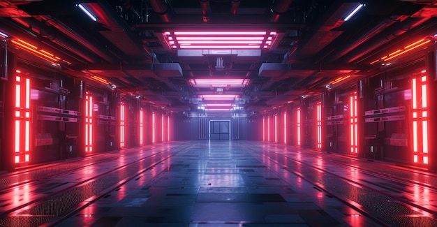Corredor Scifi banhado em luz neon vermelha dando uma sensação de atmosfera futurista e cinematográfica