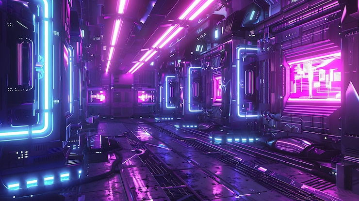 Foto corredor scifi com luzes de néon rosa e azul brilhantes