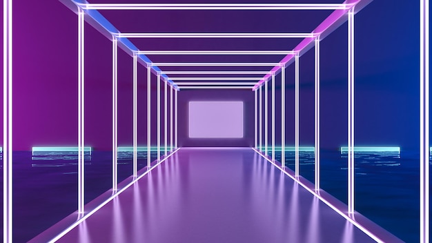 Corredor scifi de arquitetura futurista e túnel de corredor com renderização 3d de fundo de luzes neon