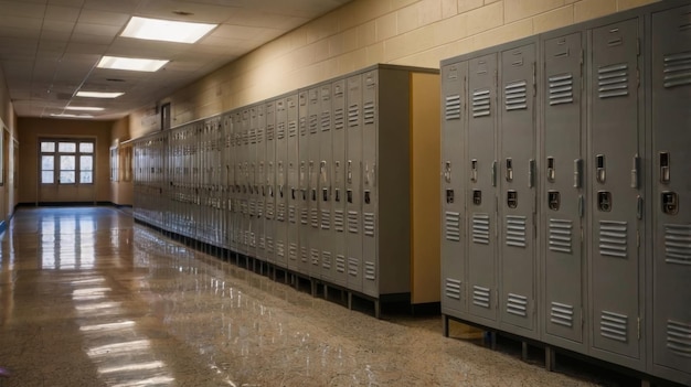 Corredor silencioso da escola com armários de estudantes à espera de alunos