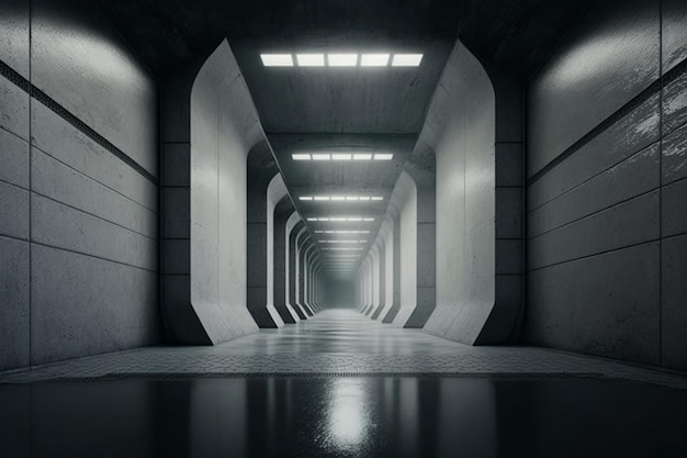 Corredor subterrâneo futurista com luzes coloridas