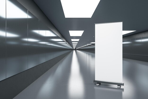 Corredor subterráneo gris moderno con banner enrollable blanco vacío para luces de techo publicitarias Concepto de metro y estación Representación 3D