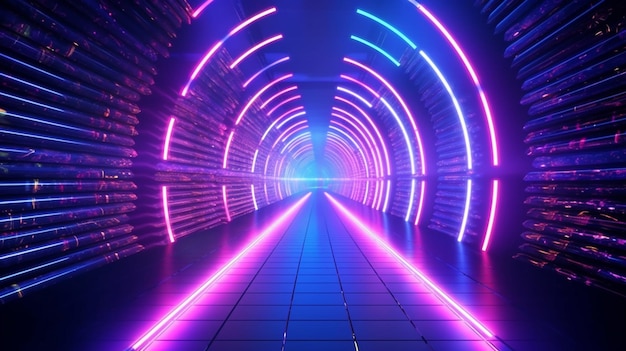 Corredor de túnel abstracto con rayos de luz y nuevos reflejos Escena de neón de fondo abstracto