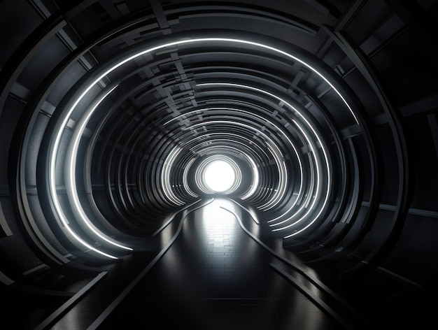 Corredor de túnel futurista abstracto con luces brillantes y reflejos Estilo de ciencia ficción Creado con tecnología de IA generativa