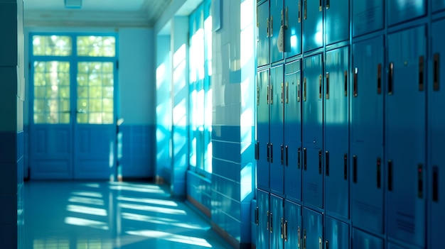 Corredor vazio da escola com fileiras de armários azuis Luz solar lançando sombras no chão Ambiente acadêmico sereno Perfeito para temas educacionais IA