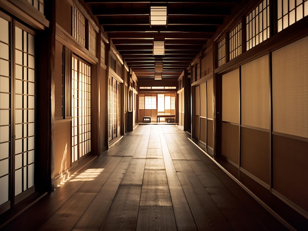 Corredor vazio do minimalismo tradicional da casa japonesa no interior AI Generative