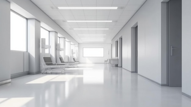 Foto corredor vazio num hospital moderno com área de espera e leito de hospital nos quartos