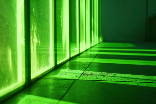 Corredor verde futurista com luzes e sombras fundo abstrato