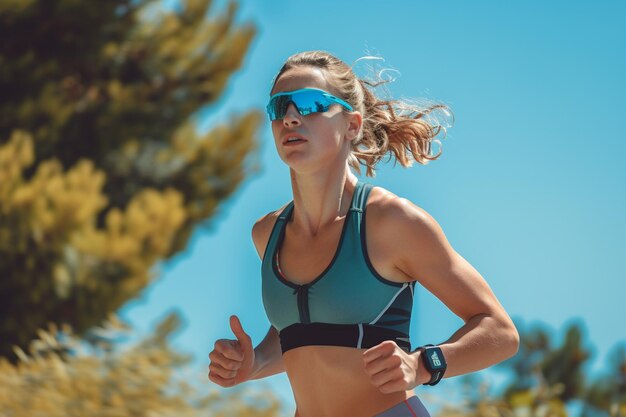 Corredora de maratona feminina competindo em local tropical com IA gerada