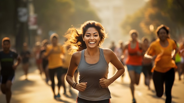 Una corredora enérgica en el maratón de la ciudad