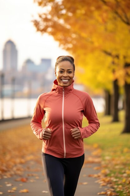 Una corredora sonriente corriendo en el parque de otoño
