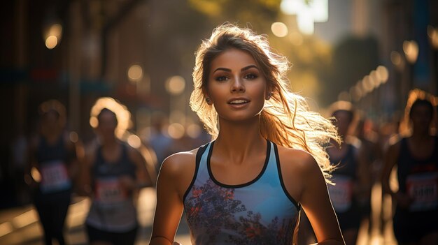 Corredoras determinadas empurrando seus limites em uma vibrante maratona da cidade