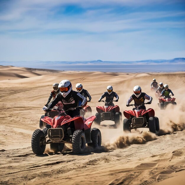 Foto corredores de atv con cascos libertad montando en el desierto