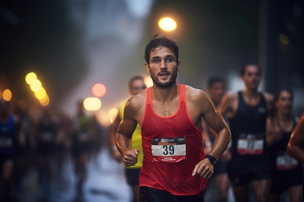 Foto corredores en una carrera lluviosa en la lluvia