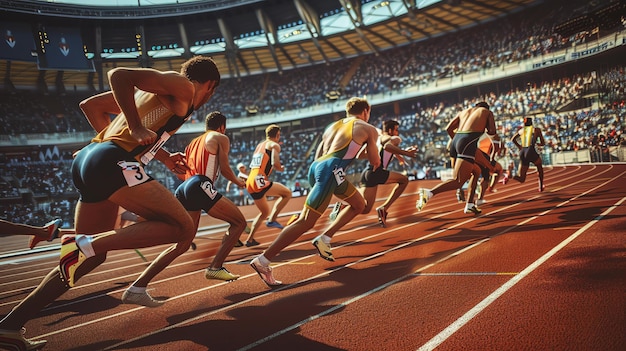 Foto corredores competem em uma corrida em um grande estádio