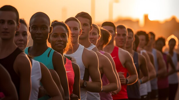 Foto corredores de maratona alinhados na linha de partida ao amanhecer