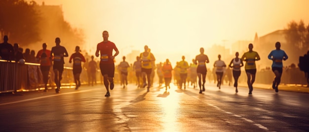 Corredores de maratona contra o fundo do crepúsculo Conceito de resistência em condições difíceis