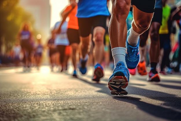 Foto corredores deportivos primer plano de pies en zapatillas de deporte piernas de corredores corriendo concepto de deportes de maratón