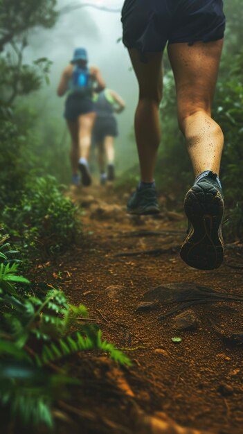 Corredores em uma trilha nebulosa em close de sapatos em terreno acidentado em uma corrida na floresta