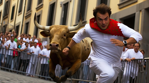 Foto corredores en el encierro corrida de toros en pamplona españa corrida de toros en pamplona tradicional fiesta de san fermín, donde los participantes corren delante de los toros por las calles hasta la plaza de toros