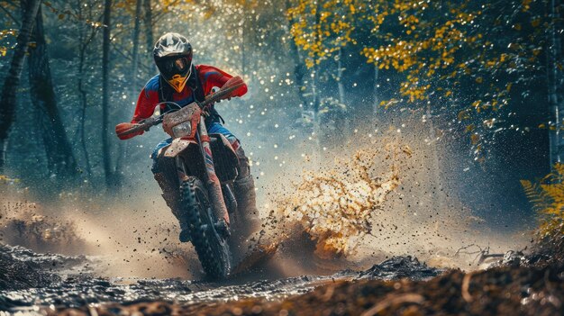 Los corredores de enduro viajan por el agua con una salpicadura en una carrera de motocross en el bosque