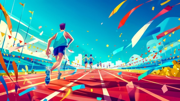 Los corredores de maratón se acercan a la línea de meta en una carrera colorida
