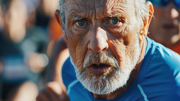 Foto los corredores masculinos mayores expresan su determinación mientras corre hacia la línea de meta.