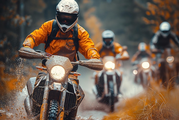 Los corredores de motocicletas en motocicletas de enduro deportivas compiten en una carrera fuera de carretera en un camino fangoso en el bosque