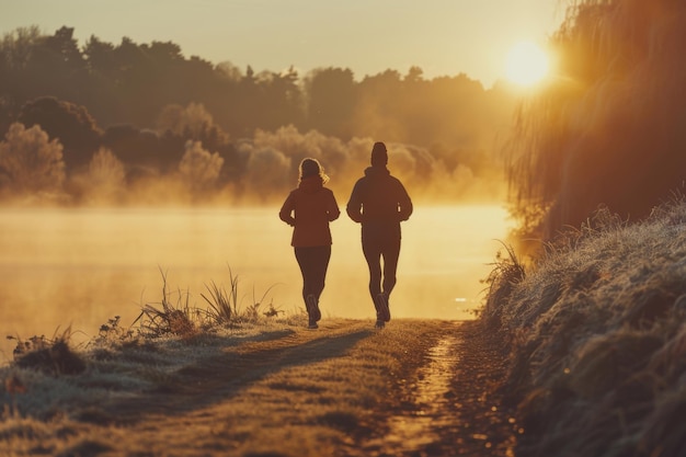 Foto corredores num caminho gelado à beira de um lago ao nascer do sol