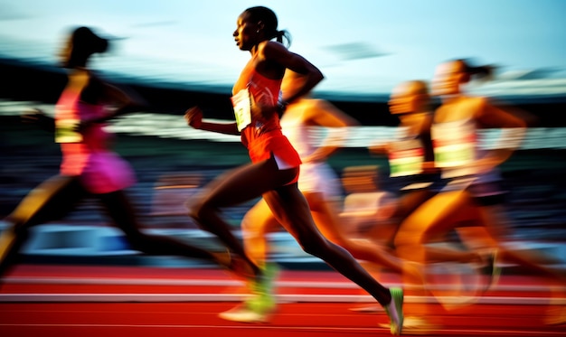 Corredores profissionais participando de uma corrida em um estádio