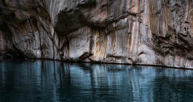Córrego azul limpo com bancos rochosos no fundo de um desfiladeiro profundo
