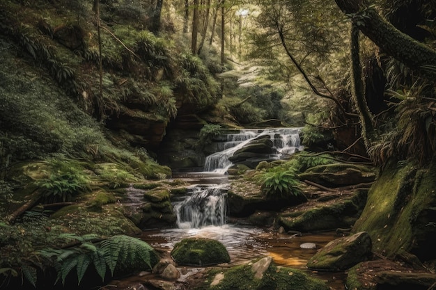 Córrego tranquilo que flui através de uma floresta verde vibrante