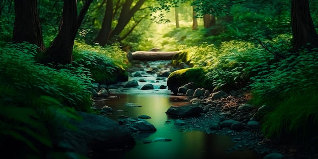 Córrego tranquilo que flui através de uma floresta verdejante Generative AI