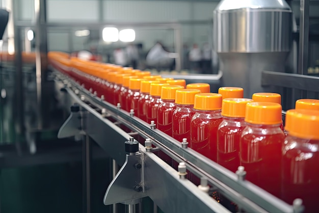 Correia transportadora com garrafas de suco em uma fábrica de bebidas moderna Linha de produção de fábrica de suco de frutas com bebida AI gerada