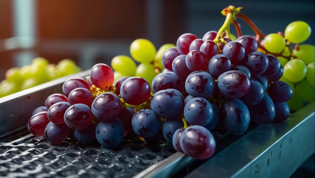 correia transportadora com uvas frescas